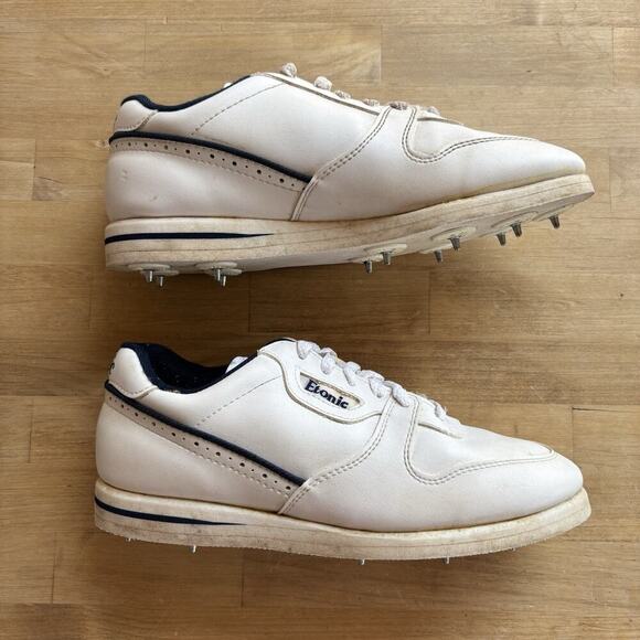 ETONIC Retro 7091 Metal SPIKED GOLF SHOES WHITE Pinstripe LEATHER UPPER MENS 8 M - Picture 4 of 10